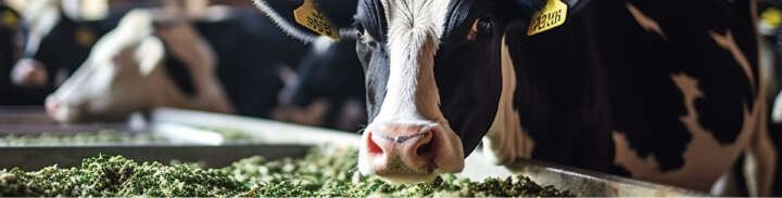 Nachaufnahme von einer schwarz weiß gefleckten Kuh mit zwei gelben Ohrmarken die am Futtertisch steht und in die Kamera schaut.